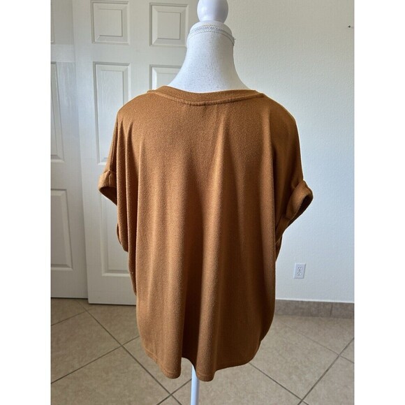 Mod Ref Women's Rust Rolled Cuff Short Sleeve V-Neck Lightweight Top Medium - Picture 4 of 13